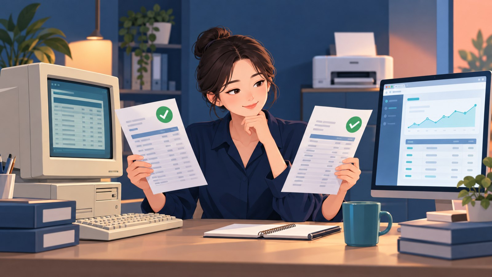 기존 PC 프로그램 출력물과 웹 거래명세서를 비교하며 검증하는 모습